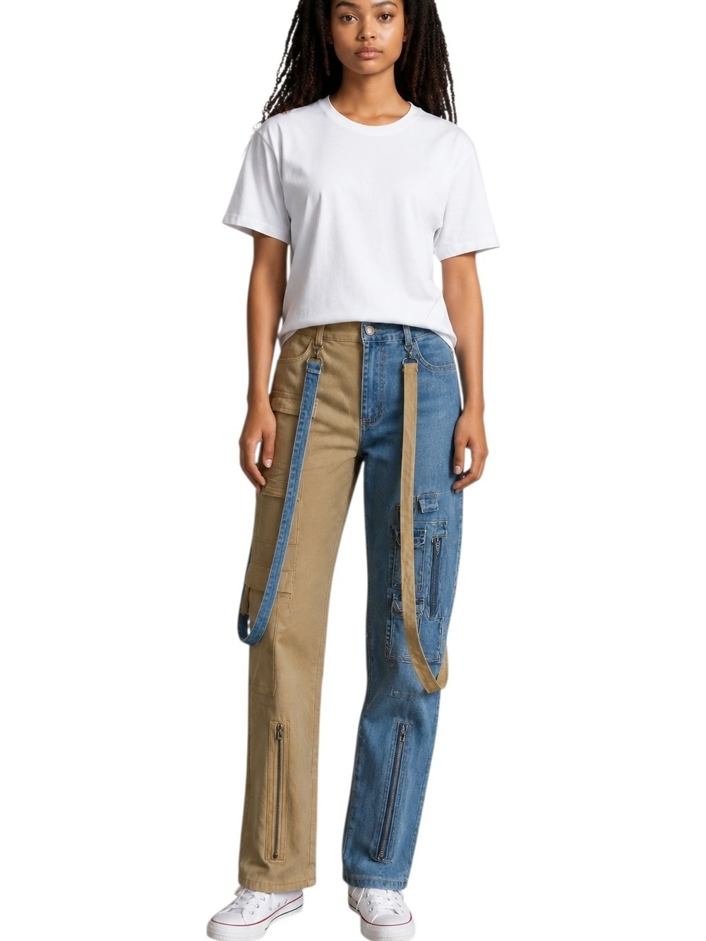 Two-Tone Straight Leg Jeans in Blue and Tan